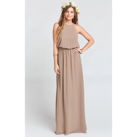 SHOW ME YOUR MUMU HEATHER CHIFFON HALTER DRESS GOWN SZ S TAN STRETCH LAYERED - Picture 10 of 10